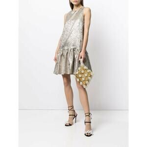 Lela Rose NWT Gray Metallic Floral Jacquard Flounce Hem Dress Size 10